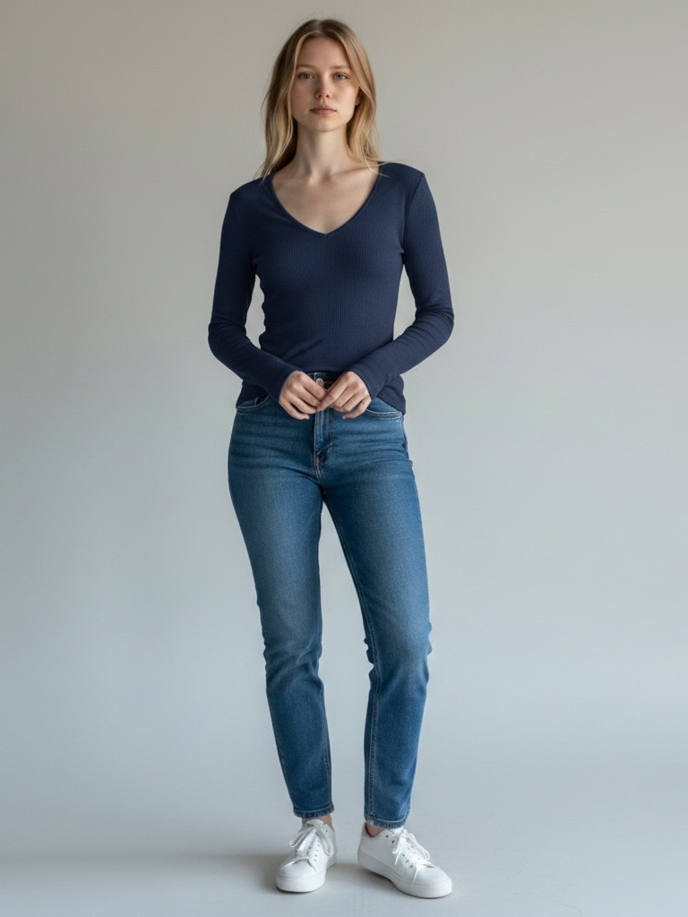 Marine Layer Ribbed V-Neck Long Sleeve Top Womens XS Navy Blue‎ Tencel Blend